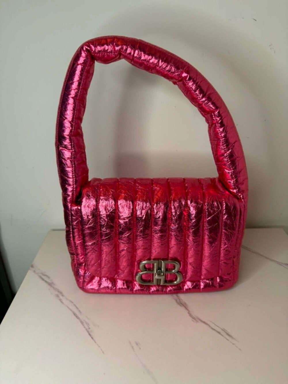 Balenciaga Metallized Crushed Calfskin Quilted Small Monaco Shoulder Bag in Pink